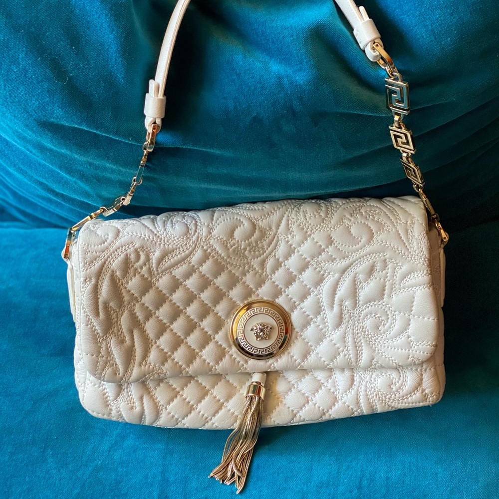 Versace white Vanitas Barocco handbag w/gold Greca